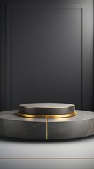 product podium on gray color with reflective gold metal details. stage or pedestal display. luxury stone mosaic background