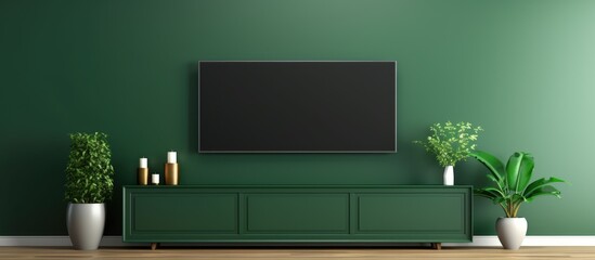Minimalist Muji style living room with dark green wall featuring a TV on a cabinet