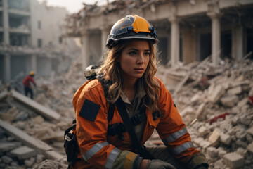 Sad blonde woman sitting on rubble after earthquake. Emergency, natural disaster concepts