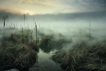 Mysterious fog veils magical marsh. Illusory landscape. Generative AI