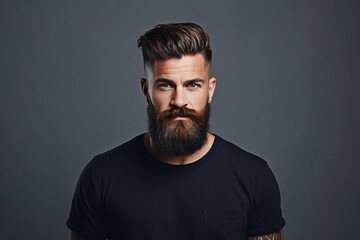 Handsome man with an undercut hairstyle and beard studio portrait, simple dark background. AI generated - obrazy, fototapety, plakaty