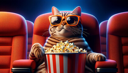 Cinema Enthusiast: A Whimsical, 3D Rendered Tabby Cat in Stylish Glasses, Eagerly Awaiting the Next Scene with Popcorn in Paw, Set Against a Vibrant, Cinematic Backdrop - obrazy, fototapety, plakaty