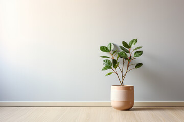 An empty room with a wooden floor and a potted plant 