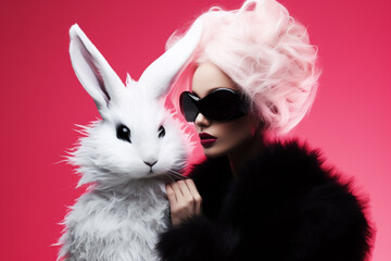 Beauty, fashion, style and make-up concept. Sexy and seductive young woman with bunny mask studio portrait. Minimalist style. Generative AI