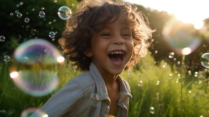 Young Mixed Race Child's Radiant Smile & Joyful Play with Shimmering Bubbles on a Sunny Day. Generative AI.