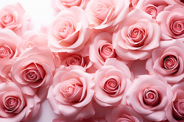Close-up of blooming pink roses and petals on white background elegantly romantic 