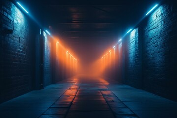 Dark foggy hallway with neon retro brick walls, glowing blue and orange spot lights, concrete floor, and mist. Generative AI