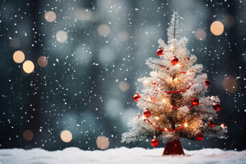 Fototapeta na wymiar Festive outdoor Christmas tree with snow bokeh lights and falling snow creating a joyful holiday ambiance 
