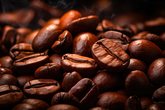 Closeup of brown roasted coffee beans on a dark background 