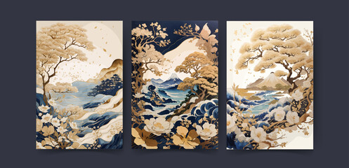 Japanese and  china background with watercolour texture painting texture and wallpaper. Wedding Invitation card, watercolor Landscape, digital painting art, Abstract style landscape background