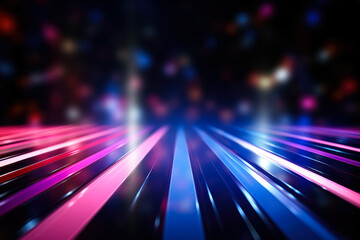 Abstract background features pink and blue glowing neon lines and bokeh lights 