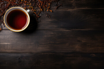 Obraz na płótnie Canvas Fresh hot black tea in a cup on a dark rustic background, top view, copy space