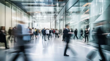 Fotobehang Crowd of blurred busy airport business office workers employment city people market walking modern building rushing bustle culture work banking economic bank urban © The Stock Image Bank