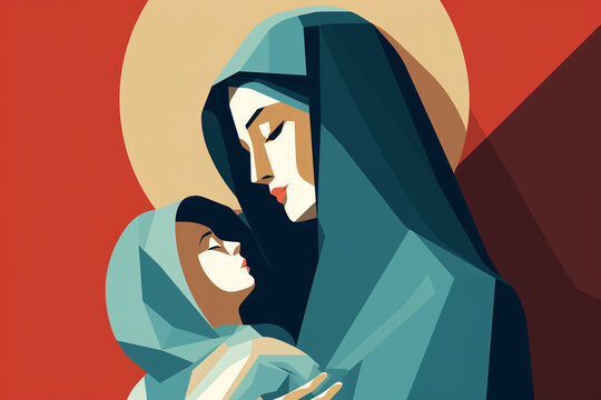 Culture and religion concept. Holy Mary holding baby Jesus Christ. Colorful illustration drawing in minimalist style. Generative AI