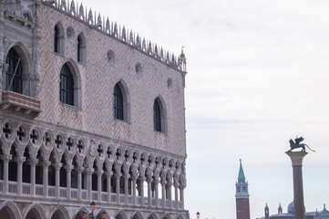 Doge's Palace. Venice. Venetian Gothic style. Architecture, exterior, sky in background, columns. Day, sky