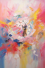 Walking in Colorful Reflections, Crowd and Time Abstract Painting, Impressionist Conceptual Illustration