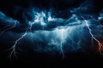Striking lightning effect illuminating a dramatic black background with intensity 