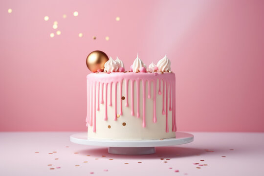 Delicious cake with frosting over pink pastel background