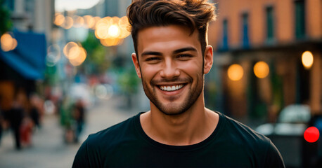 Portrait of a attractive young man wearing a black t-shirt on a blurred street with people.