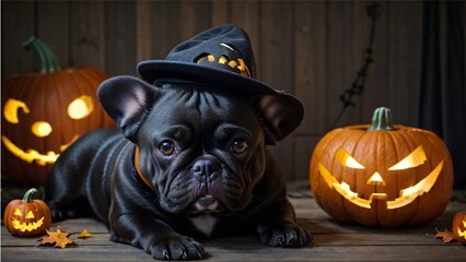 French Bulldog Halloween & Pumpkin Head 6.
This adorable French bulldog is ready for Halloween, and perfect for Halloween-themed content, such as blog posts, social media posts, and website pages. - obrazy, fototapety, plakaty