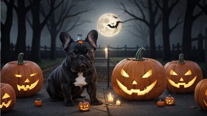 French Bulldog Halloween & Pumpkin Head 5.
This adorable French bulldog is ready for Halloween, and perfect for Halloween-themed content, such as blog posts, social media posts, and website pages. - obrazy, fototapety, plakaty