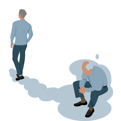 Back view of a young man walking leaving one bald old man is  Sitting holding hands together, head bowed, sad lonely .Vector illustration flat design of society of elderly people who are left alone.