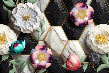 3D marble texture ceramic seamless pattern geometric polygon with bright color flowers. 3D interior mural wallpaper for living room.