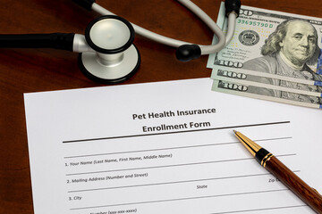 Pet health insurance form with stethoscope and cash money. Pet care, veterinarian and medical expenses.