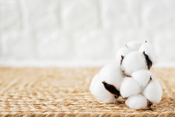 perfect backdrop for other elements. Cotton flowers on jute rug. image could be used to promote healthy lifestyle or spa treatments. side view copy space