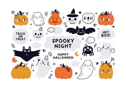 Happy Halloween cute vector set with cartoon cute ghost, skull, bat, pumpkin, spider, stars, leaves in flat style. Halloween lettering quote