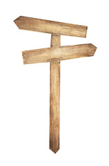 Watercolor painting of wooden signpost. 