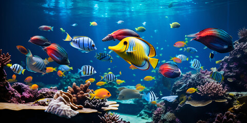 Fototapeta na wymiar Exploring wonders. Colorful aquarium world. Aquatic paradise. Exotic marine life and vibrant coral reefs. Diving into deep blue. Captivating underwater aquatic scenes