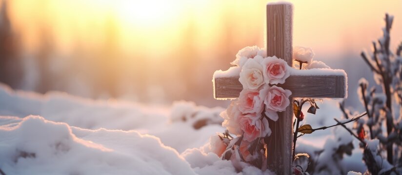 Orthodox cemetery in winter with wooden grave cross and flowers Text space available