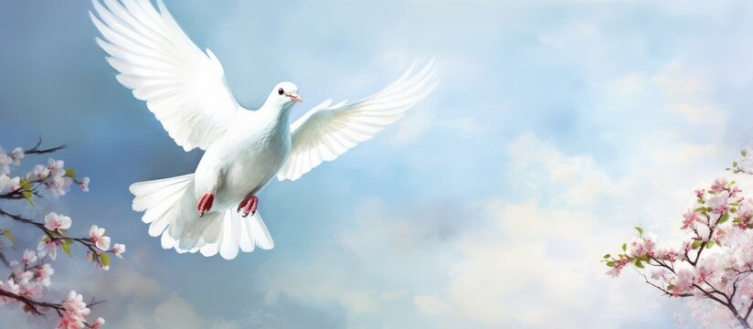 Watercolor style depicts peace with a dove carrying a branch in a blue sky
