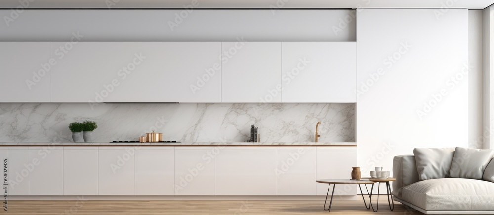 Poster contemporary minimalistic interior design with a white color scheme and various elements such as a k
