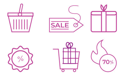 black Friday purple color outline vector icons, e commerce purple line icons,Black Friday icons, sale,bag,discount and shopping cart icon on white background