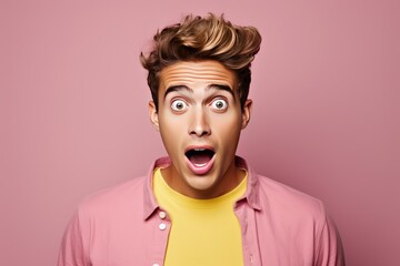 Surprised young man studio portrait, bright color background. AI generated - obrazy, fototapety, plakaty