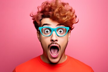 Surprised young man in glasses studio portrait, bright color background. AI generated - obrazy, fototapety, plakaty