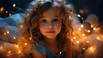 Splendid Dreamer, Whimsical Portrait of a Child with Enchanting Fairy Lights