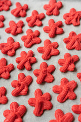 traditional Chinese New Year red sand cookie, symbolizing luck and happiness. cookies are baked during Chinese New Year celebration. captures intricate details of festive, representing good fortune