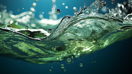 Wide banner photo of floating lemon and slices with leaves on clear fresh water splash in dark blue...