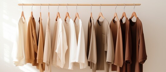 Minimal fashion clothes neutral beige linen blouses dresses and shirts on white background Blog website social media - Powered by Adobe