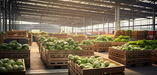 Freshly Harvested  fruits and vegetables in warehouse - obrazy, fototapety, plakaty