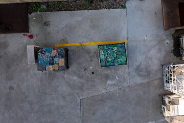 Drone photography of recycling place and storage of recycled material of plastic and metal