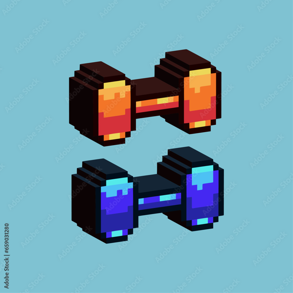 Poster isometric pixel art 3d of long barbell for items asset. gym barbell on pixelated style.8bits perfect