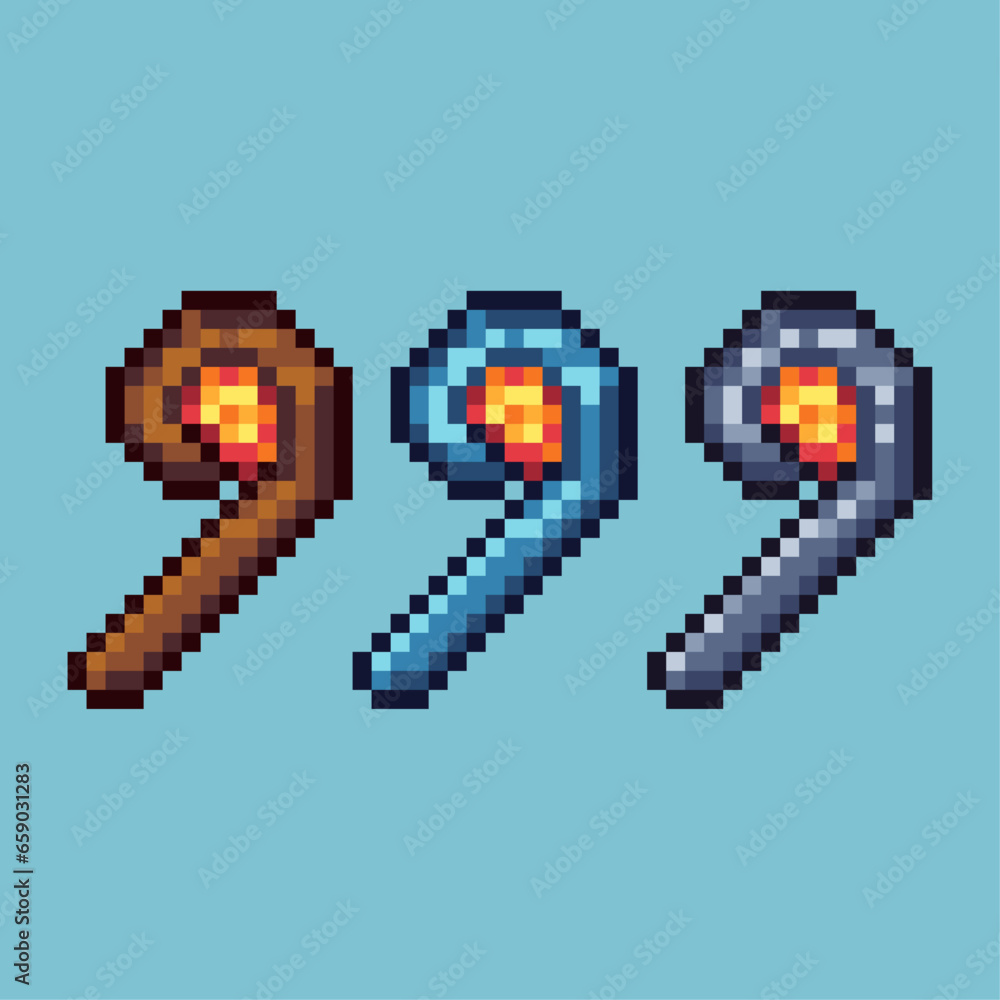 Poster pixel art sets of witch wand with variation color item asset. simple bits of magic wand weapon on pi