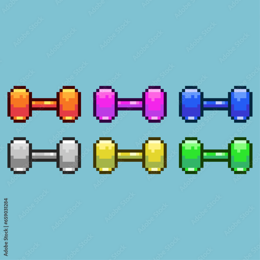 Poster pixel art sets of barbell sport tool with variation color item asset. simple bits of barbell gym on 