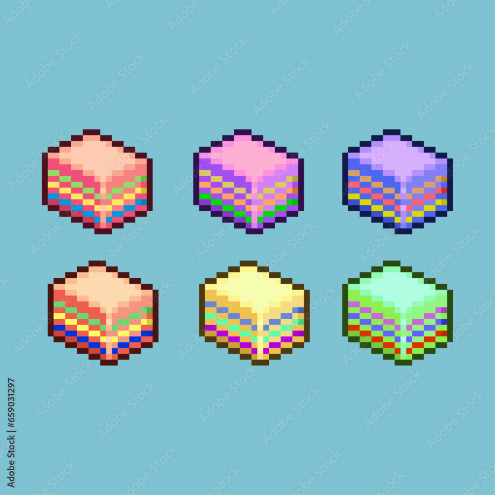 Poster pixel art sets of birthday cake sweet with variation color item asset. simple bits of sweet cake on 