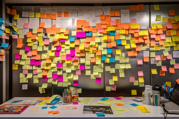 Business concept. Bunch of colorful note or post-its stickers on wall. Generative AI