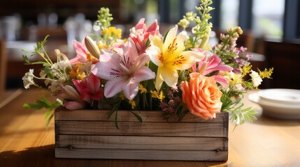 Fototapeta na wymiar Photo of a colourful arrangement of flowers in a rustic wooden box on a tabletop created with Generative AI technology